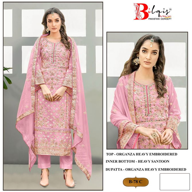 Bilqis B 78 A To D Organza Designer Pakistani Suits Wholesale Market In Surat
